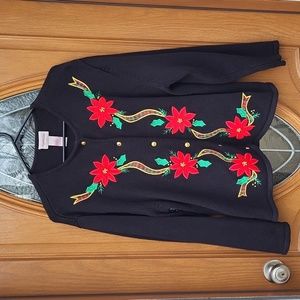 Black Button-Down Poinsettia Sweater - Size L